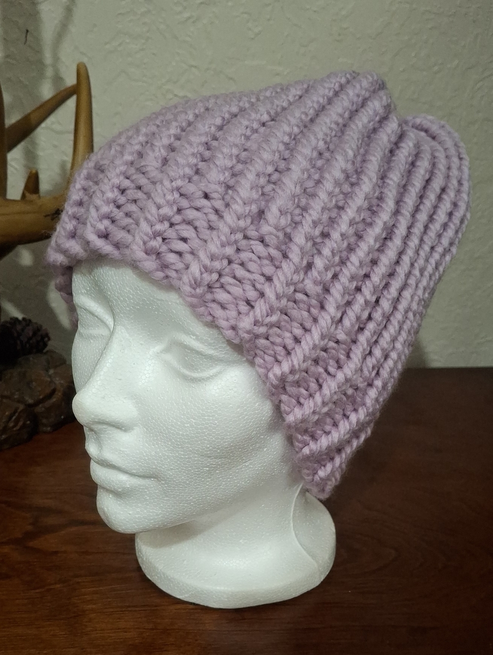 Hand-Knit Lavender Ribbed Beanie Hat
